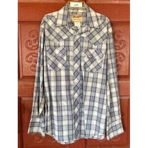 Wrangler‎ Western Snap Shirt Plaid Medium Blue Gray Cowboy Ranch Men's Size M